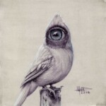 Matt Dangler, Searching Within, ballpoint pen, white oil paint and acrylic wash on paper, 6 x 6 inches, 9.75 x 9.75 inches framed, $350
