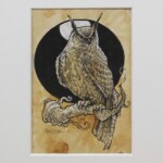 Godmachine, night owl ... the coffee helps, ink, coffee, correcion fluid, 5.5 x 3.5 inches, 8.5 x 10.5 inches framed, $200