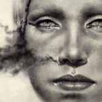 Jel Ena, Woman in the Moon, graphite on Moleskine, 4.5 x 6.5 inches, 12 x 14 inches framed, $400
