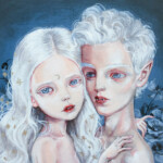 Julie Filipenko, "I'm a wolf, and she's my moon", acrylic and silver leaf on panel, 7 x 7 inches, 13 x 13 inches framed, $1,100