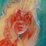 Blessing, resin, pencil, gold leaf and acrylic over panel, 9 x 12 x 3 1/2, $900