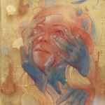 Blue Jean, resin, pencil, gold leaf and acrylic over panel, 11 1/4 x 14 x 3 1/4, $1900