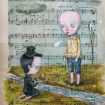 "Down the river", mixed media on antique music sheet (1886), 7.7 x 10.7 inches, 16.7 x 19.7 inches framed, $850