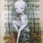 "Red bird", mixed media on antique music sheet (1886), 7.7 x 10.7 inches, 16.7 x 19.7 inches framed, $850