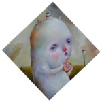 Dilka Bear, "My dear Donut", oil on wooden panel, 6 x 6 x 1 inches (rhombus) $800