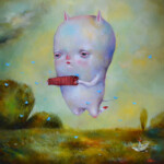 Dilka Bear, "Sunday morning in Tralalandia", oil on wooden panel, 11.8 x 11.8 x 1 inches, $1,800