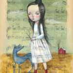 "Blue dog", mixed media on antique music sheet (1886), 7.7 x 10.7 inches, 16.7 x 19.7 inches framed, $850
