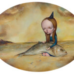 Dilka Bear, "Death of the fish king", oil on wood, 11.8 x 15.7 inches (oval), vintage frame, $2,400