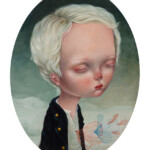 “Lovers”, oil on wood, 7.1 x 9.4 inches, 9.4 x 13.4 inches framed in vintage brass frame from 1950s, $1,400 each, 2,700$ pair