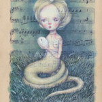 "Nüwa", mixed media on antique music sheet (1886), 7.7 x 10.7 inches, 16.7 x 19.7 inches framed, $850