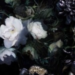 Detail of “Vanitas I”, (paint, mylar, silk, wood, resin, wasp nest, carpenter bee, bones, squirrel skulls) by Regan Rosburg