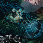 Detail of “Vanitas II”, (paint, mylar, silk, wood, resin, wasp nest, bones, squirrel skulls) by Regan Rosburg