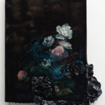 Regan Rosburg, "Vanitas II”, Three-dimensional sculptural painting (paint, mylar, silk, wood, resin, wasp nest, bones, squirrel skulls), 27 x 22 x 3 inches, $6,500 (SOLD)