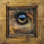 Mark Garro, “Back to the Stone Age“, acrylic and oil on panel, 9.5 X 9.5 inches framed (frame hand made by artist and custom painted), $950
“Nuclear Silo’s empty into great blue yonder
If you want to see tomorrow
Don’t let your mind’s eye wander”