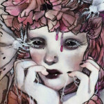 Kristin Shiraef, Nectar, White Charcoal, Ink, acrylics and Metallic Acrylic Pearl with Graphite and white gel pen., 4 x 7 inches, $400