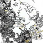 M. de Vena, "Scintilla Troth”, pen and ink, gold ink on watercolor paper, 5 x 7 inches (7.5 x 9 inches framed), $150