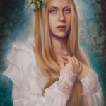 Erica Calardo, “A lost love of mine”, oil on canvas, 15 x 19 inches, 20.5 x 25 inches framed, $1200 | Musical Inspiration: “Scarborough Fair Canticle” by Simon & Garfunkel