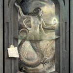Mark Garro, “Beautiful Dreamer”, acrylic , oil and pure white gold leafing, in hand made and custom painted frame by the artist, 27 X 14 inches, $5,900 | Musical Inspiration: “Beautiful Dreamer” by Stephen Foster from the movie “Mighty Joe Young”
