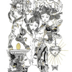 M de Vena, "The Serpent's Egg", pen and ink, gold ink on Fabriano watercolor paper, 8 x 10 inches, 15 x 16 inches framed), $250 | Musical Inspiration: "The Serpent's Egg" by Dead Can Dance