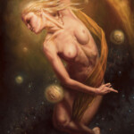 Michael C. Hayes, “A Posteriori”, oil on panel, 14 x 30 inches, 22.5 x 38.5 inches framed, $3,500 | Musical Inspiration: It's based on Enigma's "A Posteriori" album which deals with the collision of the Milky Way and the Andromeda galaxies that are set to collide in 4 billion years.