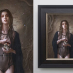 Tom Bagshaw, “Carved Inside”, one off hand embellished digital painting on cotton rag stock, mounted on board, varnished and framed, 14 x 11 inches, $1,000 (Historical Reference: Venus of Willendorf figure and the hunting cave paintings at Valltorta)