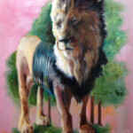 Kelly Houghton, “Lion – Powerful Flexibility”, oil on board, 16 x 12 inches, $1,000 (Historical Reference: Cluny's "Lady and the Unicorn" tapestries)