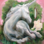 Kelly Houghton, “Unicorn – Pure Reflection”, oil on board, 16 x 12 inches, $1,000 (Historical Reference: Cluny's "Lady and the Unicorn" tapestries)