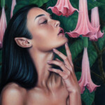 Amy Minchew, “Teach me your Secrets”, oil on paper mounted on wood, 9.5 x 11 inches, $585 | Mythological Inspiration: Nimue, Lady of the Lake from the Arthurian Legends