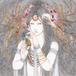 Andi Soto, “Morana”, ink, graphite, colored pencils and gold markers on Fabriano paper, 8 x 10 inches, $800 | Mythological Inspiration: Morana, the Goddess of Winter and Death (Slavic Mythology)