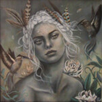Ingrid Tusell, “Aura”, oil on canvas, 16 x 16 inches, $950 | Mythological Inspiration: Aura from Greek Mythology
