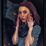 Mandy Tsung, “Blood Moon”, oil and wax on wood, 18 x 14 inches, $900 | Mythological Inspiration: Werewolves