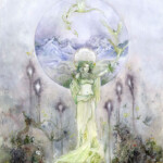 Stephanie Law, “Snowmelt”, watercolor, ink, silverleaf, 12 x 16 inches, $1,500 | Mythological Inspiration: Snow maidens of Kauai
