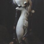 Mahlimae, “Skogsrå”, stone clay, glass, Silver wattle (Acacia Dealbata ), Mountain Blue Berry (Billardiera longiflora), Suri alpaca fibre, rabbit fur (naturally shed from artists' own rabbit), dried Usnea, 16 cm (Sitting), $660 | Mythological Inspiration: Skogsrå