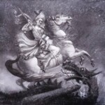 Janet Cook, "St Georgina and the Dragon", pen ink and oil on panel, 16 x 16 inches, $1,200
