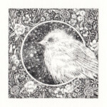Socar Myles, "Windy Day Sparrow", pen and ink, 2.5 x 2.5 inches, $250