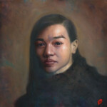 Mandy Tsung, “A Calm Tide of Twilight Murmuration”, oil, graphite, acrylic on paper mounted to wood, 14 x 14 inches, $900
