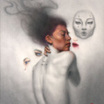 Mandy Tsung, “Rid of Features, Robed in Beauty”, oil, graphite, acrylic on paper mounted to wood, 22 x 18 inches, $1,600