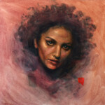 Mandy Tsung, “Memories Stain the Page”, oil, graphite, acrylic on paper mounted to wood, 9.75 x 9.75 inches, $500
