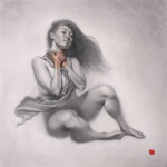 Mandy Tsung, “The Wave Breaks”, oil, graphite, acrylic on paper mounted to wood, 21.12 x 21.12 inches, $2,000
