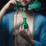 Chie Yoshii, "Perfume", oil on wood panel, 23.75 x 11.75 inches.