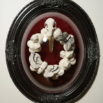 Lana Filippone, "Beset Beauty, Lymantria dispar”, Porcelain Sculpture, Glazes, 24 karat gold lustre, Italian woven velvet, domed frame, 8 x 10 inches (inside measurement), $2800