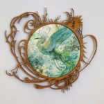 Stephanie Law, "Phoenix", watercolor, gold leaf, resin, custom cut wood frame, 6.25 x 6.25 inches, framed size 10 x 11 inches, $855