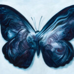 Adam S. Doyle, “Big Beats, Black Cloud”, oil on vinyl, 11 x 14 inches, $800 | Musical Inspiration: “Butterfly” by Grimes