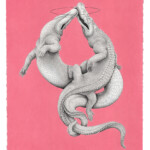 Cielle Graham, “Impossible tête à tête”, ink, colored pencil, and acrylic on 100lb Bristol paper, 20 x 15 inches, $1400 | Musical Inspiration: “A La Folie” by Juliette Armanet
