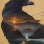 Adam Burke, “Corvis Finis”, acrylic and ash on wood, 21 x 27 inches, $2000