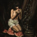 Nadezda, “Hunter Gatherer II”, oil on panel, 10 x 8 inches, $700