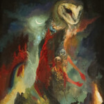 Adam Burke, “Mors Geminos”, acrylic and ash on wood, 19 x 26 inches, $2200