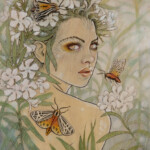 Fay Helfer, “Nerium”, Pyrography and natural pigments on wood (indigo, turmeric, cochineal, zinc, annatto, ochre, tannin, dragon's blood resin, pink pipestone and bone char), 16 x 20 inches, $2,500
