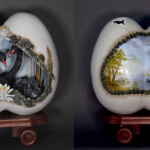 Nikole Cooney, “Journey of Gemini”, mixed media piece, paper mache clay, epoxy clay and wood, landscape painted in oils, swans and rest of sculpture painted in acrylics, 12.5 x 15 x 6.5 inches, $2,200