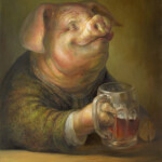 Omar Rayyan, “Pleased Pig in a Pub with a Pint”, oil on panel, 20 x 16 inches, $5,500